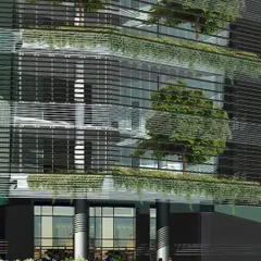 A close-up view of the facade concept, showing how we integrated vertical green terraces into the structure. This biophilic approach not only enhances aesthetics but also contributes to the building's sustainability.
