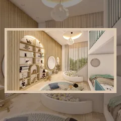 A dreamy and functional bedroom for a child, featuring a built-in ball pit and a loft bed. The design uses soothing neutral tones, natural wood, and cloud-like pendant lights to create a calm yet playful environment.