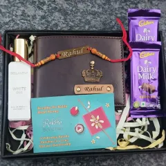 A Rakhi gift that shows how much you care. This Raksha Bandhan hamper for a brother includes a personalized Rakhi, a custom wallet with his name, Bella Vita perfume, and his favorite Dairy Milk chocolates.