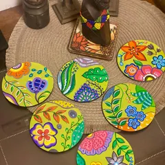 Another view of the custom floral coasters, showing their bright colors and how they look as a complete set.