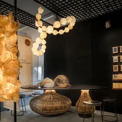 For the Oorjaa Design exhibit at India Design ID, we created an immersive spatial design. The centerpiece was this large table with a woven lantana base, surrounded by handmade lights, telling the story of the brand's craft.