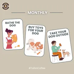 Here are some important monthly tasks for your dog's care. Remember to bathe them, buy them new toys to keep them stimulated, and take them outside for new adventures and socialization.