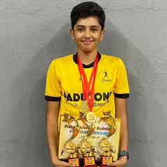 The result of relentless training. Vivaan stands proud with his haul from the PSB Championships, securing wins in U13 Boys Singles and both U13 and U15 Boys Doubles.