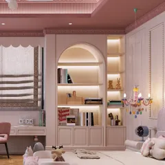 A wider shot showing the arched bookshelf, ornate ceiling, and study nook, demonstrating a cohesive design that blends classic details with playful elements.