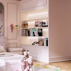 This view highlights the backlit bookshelf, showcasing how storage can be both beautiful and functional in a child's room.
