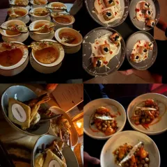 A collage showcasing the variety of our five-course menus. From savory starters to decadent desserts, each dish is a chapter in the film's story, thoughtfully designed and plated to make your experience unforgettable. This is a glimpse of the Spanish menu from our ZNMD screening.
