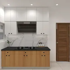 A 3D render of a parallel kitchen layout, showcasing a classic two-tone combination of wood-finish base cabinets and white wall cabinets. This design is perfect for compact spaces, offering ample storage and a clean look.
