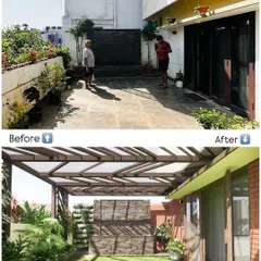 Another angle of this terrace transformation, showing how we planned to replace the empty floor with a combination of a vertical garden, a feature wall, and a lush green lawn under a modern pergola.