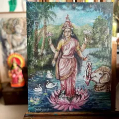 An acrylic painting of Goddess Lakshmi, created for the auspicious occasion of Varamahalakshmi Pooja. I wanted to capture her serene presence, standing on a lotus among swans.