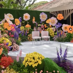 I love bringing vibrant, whimsical visions to life. This main stage, bursting with oversized, colorful paper flowers and lush arrangements, created a playful yet stunning focal point for a truly unique wedding ceremony.