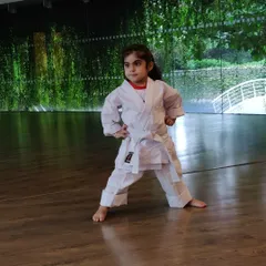 This is three-year-old Arzoi, mastering her horse stance in the studio. I make sure my youngest students feel comfortable and powerful as they begin their martial arts journey in a safe indoor setting.