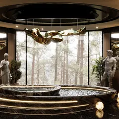 A poetic tribute to sea waves, this luxurious bathroom blends fluid curves and mountain views. The gracefully arched walls offer both privacy and openness, framing the landscape while creating a spa-like retreat with a central jacuzzi.