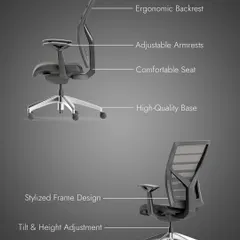 We design our ergonomic chairs with your well-being in mind. This visual breaks down the key features, from the stylized frame and adjustable armrests to the high-quality base with smooth mobility, ensuring complete comfort and support throughout your workday.