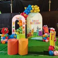 A colorful and educational "Numberblocks" themed party. This setup includes custom backdrops and character cutouts of the popular Numberblocks figures, surrounded by bright balloon arrangements.