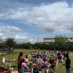 A wide shot of the Bark and Brunch event at Therpup Resort, a fantastic place for pets and their parents to socialize.