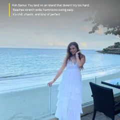 Chilling and vibing in Koh Samui, Thailand. A woman in a white dress enjoys the beach view. My Thailand trips are about that perfect mix of chill, chaos, and island perfection.