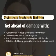 Get ahead of skin damage with professional treatments. This graphic summarizes how HydraFacial, Carbon Laser Peel, Skin Boosters, and IV Drips each work to provide deep cleansing, detox, repair, and full-body hydration.