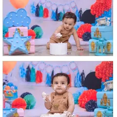 This collage shows the progression of a cake smash, from the initial tentative touch to getting delightfully messy. It’s a story of first-time cake exploration.
