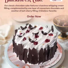 A timeless classic, reimagined. My eggless Blackforest Cake features a luscious whipping cream filling, a layer of rich couverture chocolate, and a tart cherry filling.
