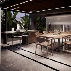 A closer look at the dining and bar area under the pergola. The combination of sleek modern furniture, warm wood tones, and integrated lighting makes this the perfect spot for alfresco dining and entertaining.