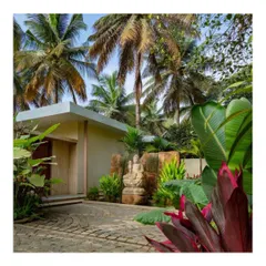 The entrance to the residence is marked by a stone pathway and lush, tropical planting. The design uses natural materials and textures to create a sense of calm and serenity from the moment of arrival.
