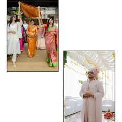 A collage showing the groom's anticipation and the bride's family making their entrance. It captures the traditional elements and the build-up to the ceremony.