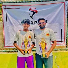 Coach Mohit Mayur Jayaprakash, himself a former pro, celebrating his win at the AITA 1 Lakh tournament after coming through qualifying, showcasing his experience and fighting spirit.