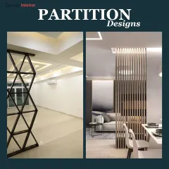 This image showcases two partition designs that define spaces beautifully. One is a bold, geometric metal screen, while the other is a subtle wooden slat divider for a dining area.