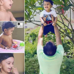 A fun collage from a combined indoor and outdoor child photoshoot. It shows the variety we can capture in one session, from playful bath time giggles to a joyful moment of being lifted high by dad.