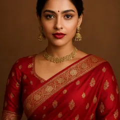 A classic portrait that focuses on grace and detail. This is from a lookbook shoot for an ethnic wear brand, highlighting the rich texture of the saree and the elegance of the model.