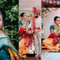 This collage highlights key rituals of a Marathi wedding. It shows the bride and groom by the sacred fire (homa), a central part of the ceremony, and includes portraits of the bride in her stunning yellow and teal Nauvari saree.