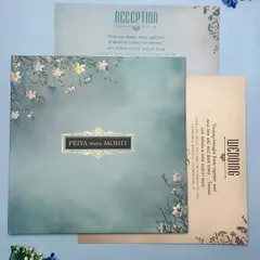 This is the complete invitation suite, showing how the main card, reception insert, and wedding program all tie together with a consistent and beautiful floral theme.