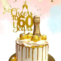 Another "Cheers to 60 Years" creation, this cake is all about golden glamour. The combination of a gold topper, Ferrero Rochers, and a sparkling champagne bottle makes it a standout centerpiece for a milestone party.