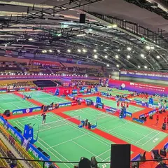 A wide view of the venue for the Yonex-Sunrise BWF World Junior Badminton Championships. For our 10th year of partnership, we managed the entire event, from court setup to fan engagement zones.