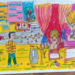 Yash, a 5th standard student, captured the spirit of the Ganesh festival in this oil pastel drawing. The scene shows a public pandal on the roadside, full of life and celebration.