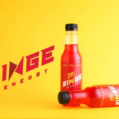 A bold and energetic shot for Binge Energy drink. The bright yellow background contrasts with the red bottles to create a high-impact image suitable for branding and advertising.