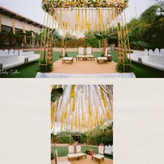 The beautiful outdoor mandap, elegantly decorated with white and yellow floral strings, creating a perfect setting for an intimate wedding ceremony.