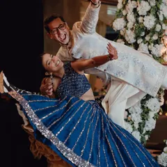 A high-energy dance performance from the Sangeet night, with the couple showing off their moves in a perfectly coordinated and joyful dip.