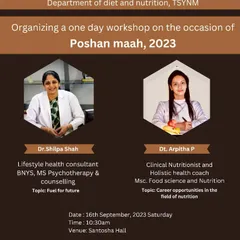 This is the official poster for the one-day workshop on the occasion of Poshan Maah 2023 at SVYASA University, where I spoke on "Career opportunities in the field of nutrition."