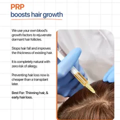 This infographic details how PRP boosts hair growth. By using your own blood's growth factors, we can stop hair fall and improve the thickness of existing hair. It's a natural therapy with zero risk of allergy, best for thinning hair.