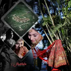 An artistic collage featuring portraits of the bride-to-be, along with detail shots of her jewelry and lehenga against a natural backdrop.