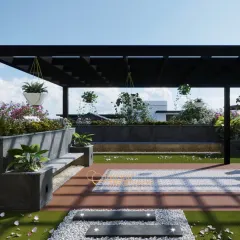 This view highlights the thoughtful details, including hanging planters, stepping stones, and integrated lighting within the planters.