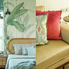 For this bedroom shoot, I highlighted the serene and stylish design featuring a beautiful tropical-themed wall mural. This split-image composition contrasts the calm sleeping area with a vibrant, colorful seating nook, demonstrating how I capture different moods within a single cohesive space.