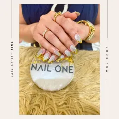Created by our artist Zing, this design is all about texture and shine. We used a shattered glass effect with gold foil over a milky white base to create a sophisticated and modern look that is perfect for a special occasion.
