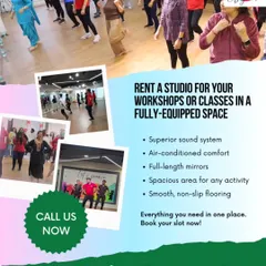 A look at our fully-equipped studio available for rent. The space is designed for any activity, from high-energy workshops to focused rehearsals, with amenities that ensure a smooth session every time.