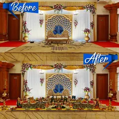 The power of decoration. This before-and-after image shows how my plate arrangements and props completely transform a stage for a baby shower.