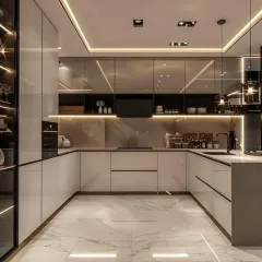 This kitchen combines glossy white and grey cabinets with a marble-patterned floor and backsplash. We incorporated vertical glass display units and strategic ceiling lighting to create a sense of depth and luxury in this modern U-shaped layout.