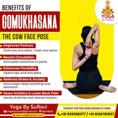 A detailed infographic on the benefits of Gomukhasana, including improved posture, boosted circulation, enhanced flexibility, and stress relief.