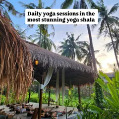 This is our stunning yoga shala in Lombok, Indonesia. Practicing here, with the sounds of the jungle and the ocean nearby, is an experience that awakens all the senses.