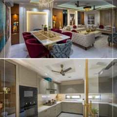 A look at the cohesive design language across a 4500 sqft residence. We designed both the opulent living and dining area with plush velvet chairs and the sophisticated, modern kitchen, ensuring a seamless flow of luxury and style.